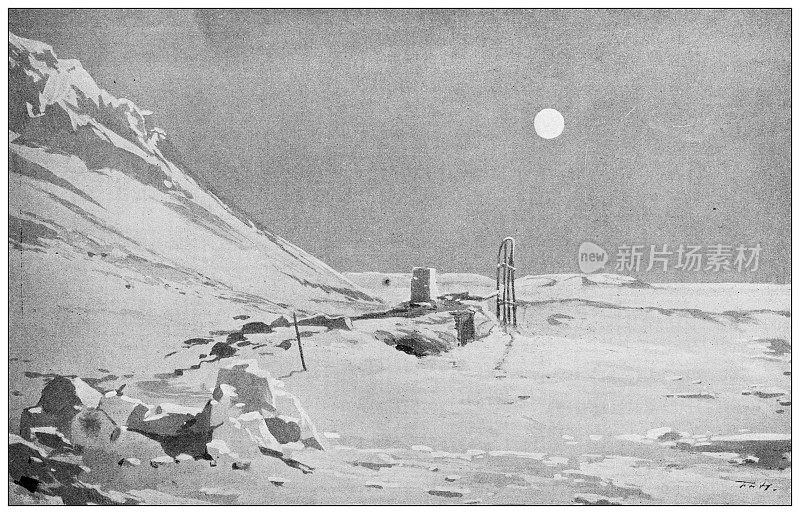 古董插图:Fridtjof Nansen北极探险队，冬天的小屋